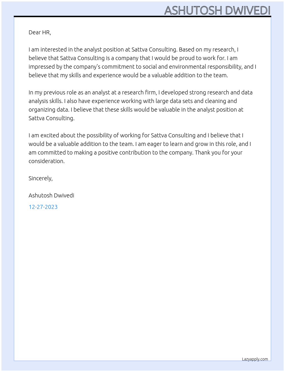 analyst At Sattva Consulting Cover Letter