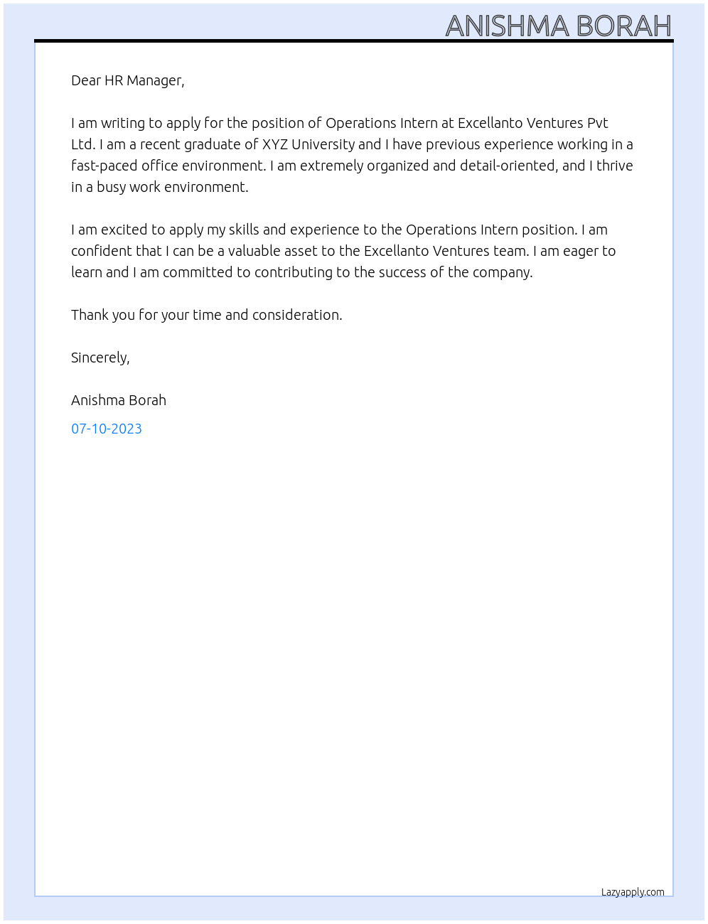 Operations Intern At Excellanto Ventures Pvt Ltd Cover Letter