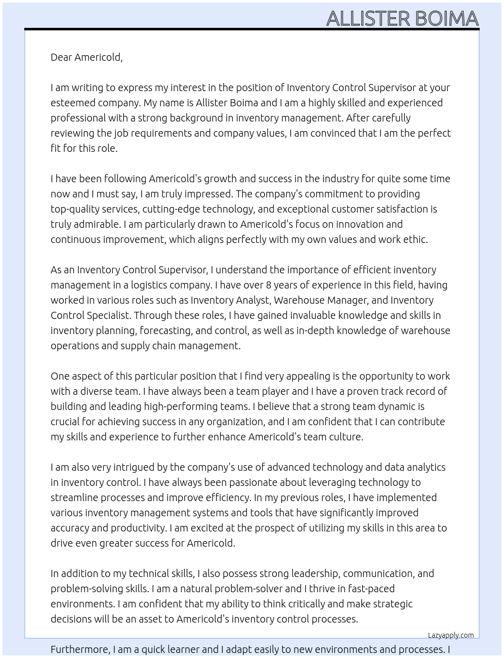 Inventory Control Supervisor At Americold Cover Letter