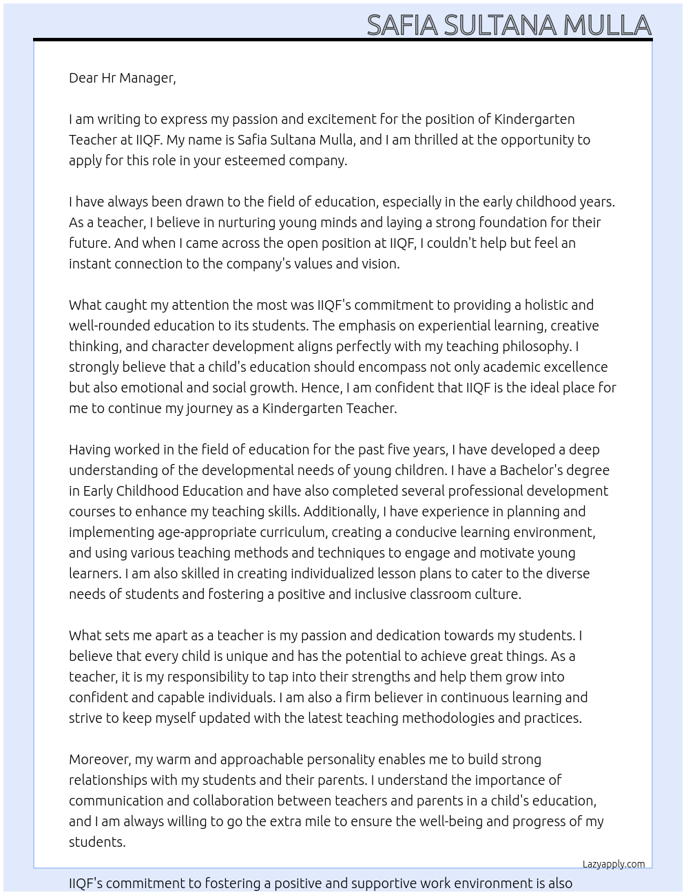 Kindergarten teacher At IIQF Cover Letter