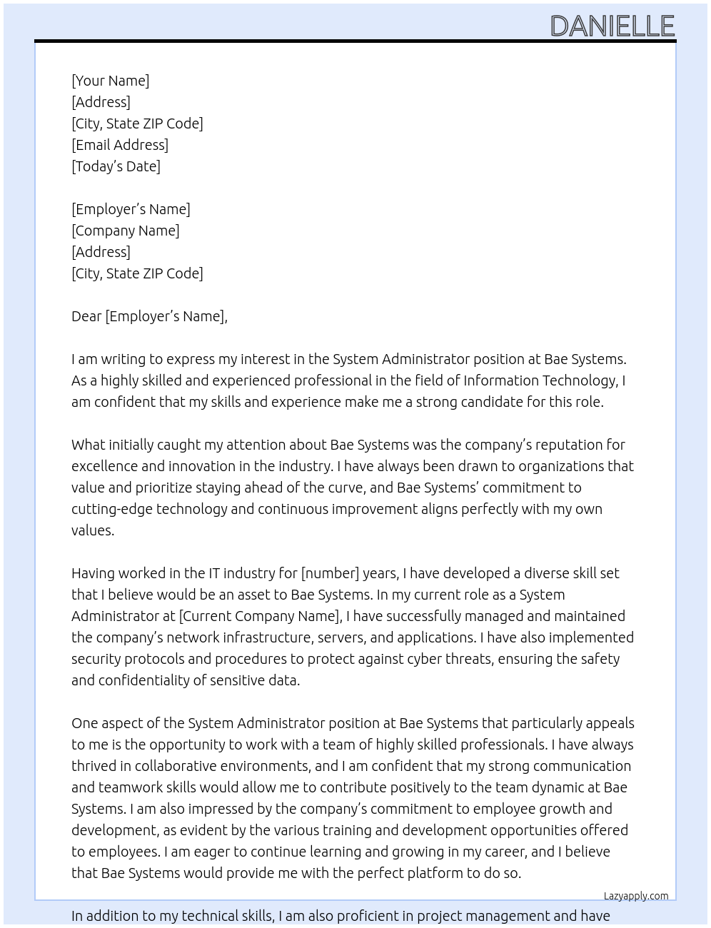 System Administrator At Bae Systems Cover Letter