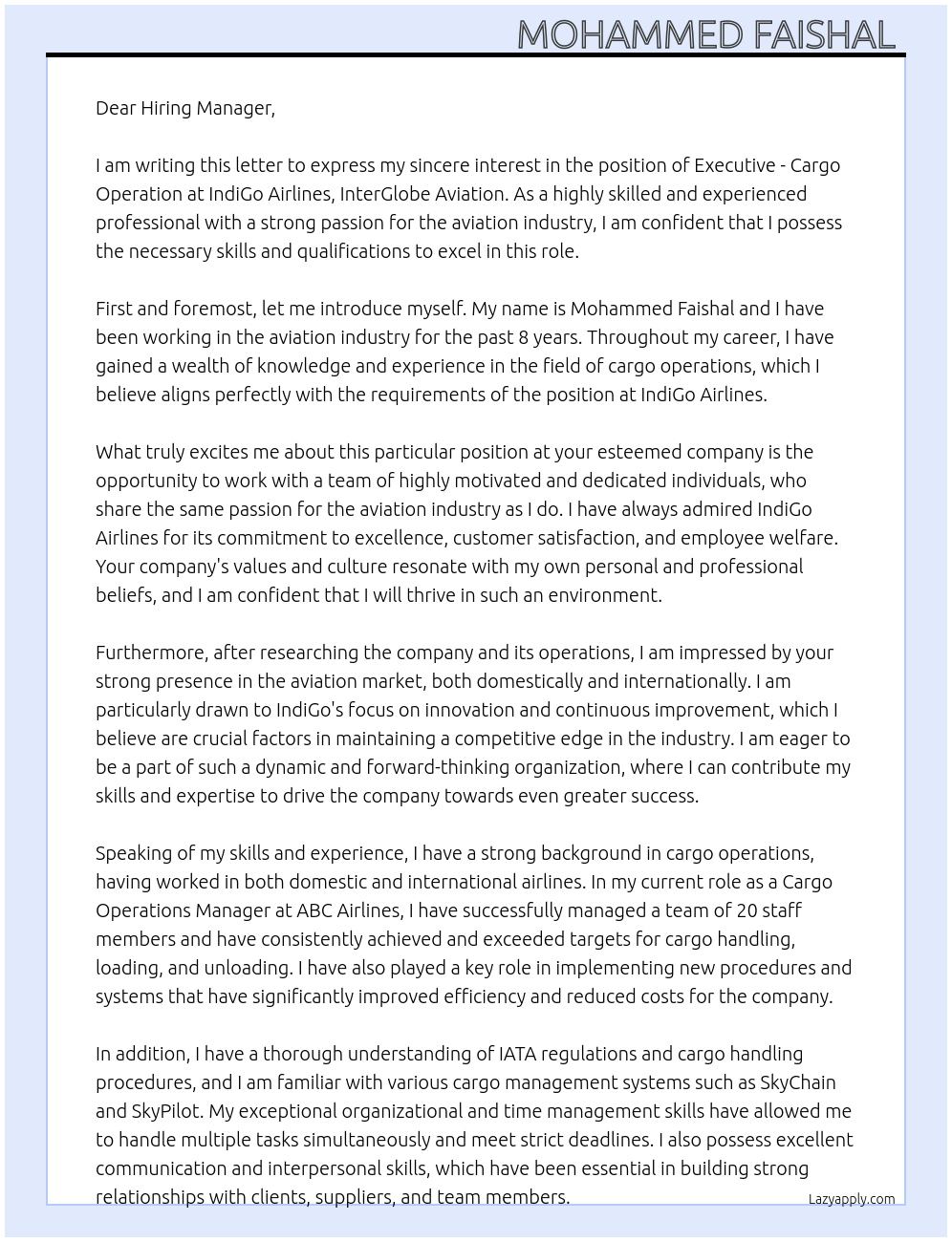 Executive - Cargo operation At IndiGo Airlines,InterGlobe, Aviation, Cover Letter