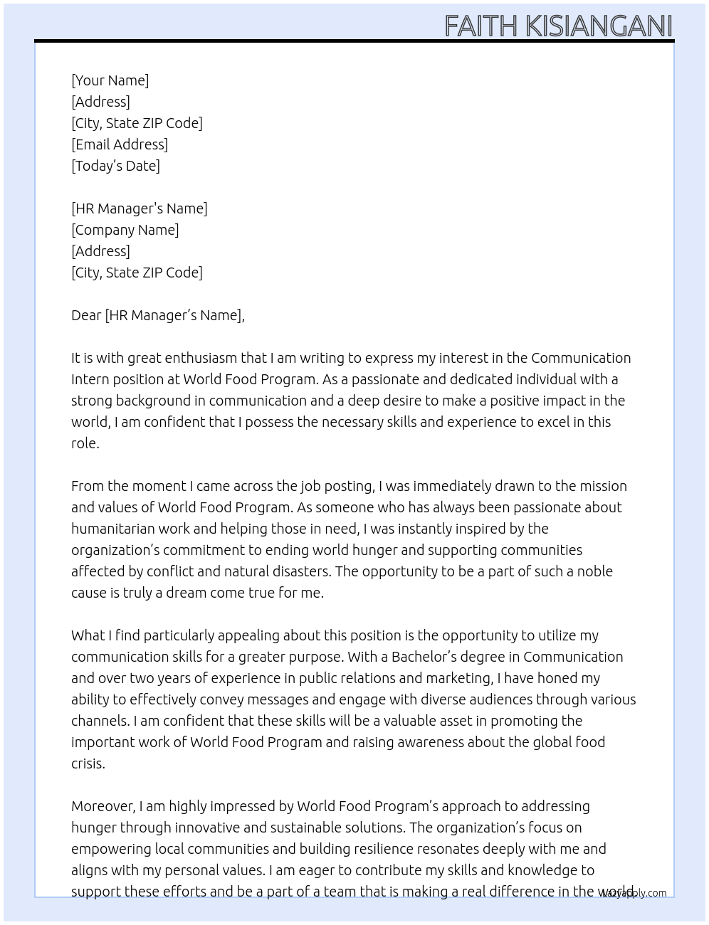 Communication Intern At world food program Cover Letter