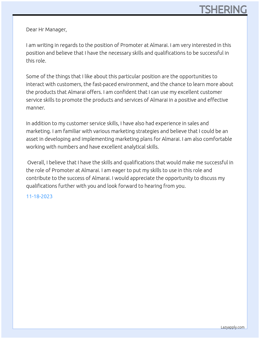 Promoter  At Almarai Cover Letter