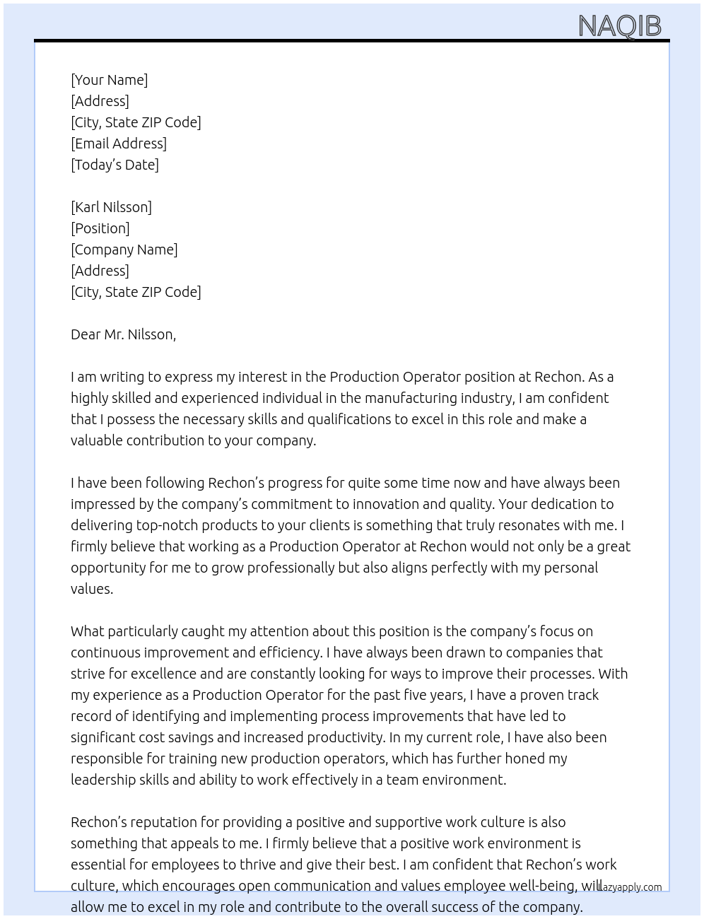 Production operator At Rechon Cover Letter