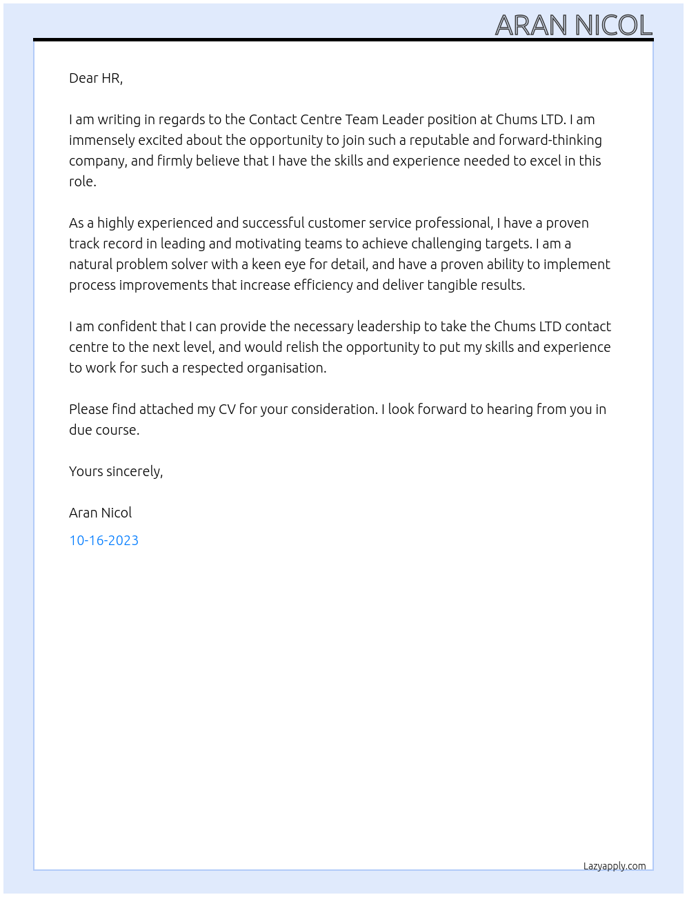 Contact Centre Team Leader At Chums LTD Cover Letter