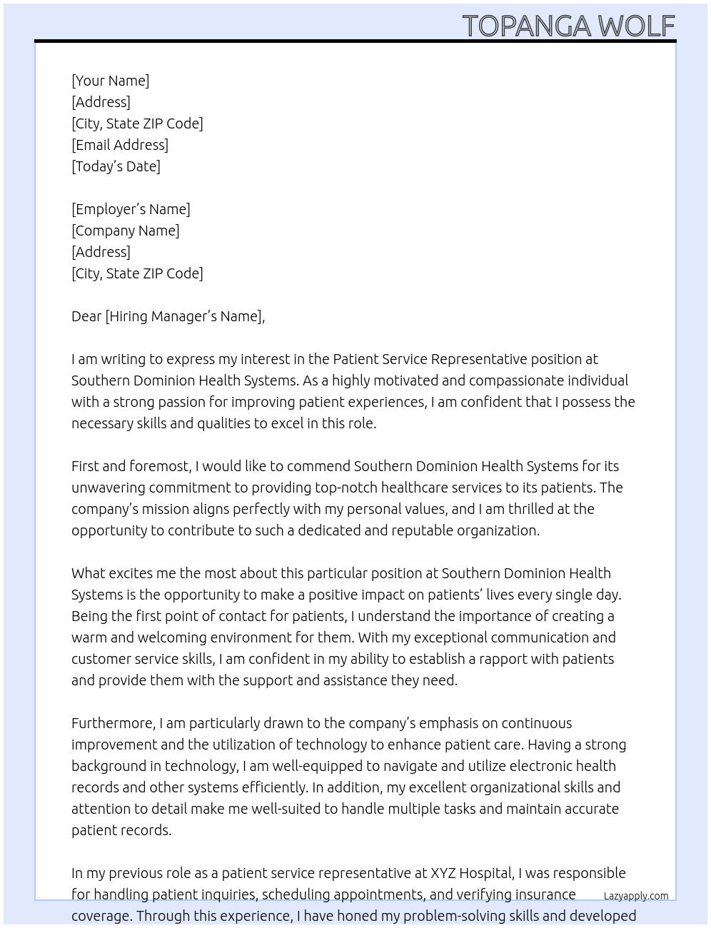 Patient service representative At Southern dominion health systems Cover Letter