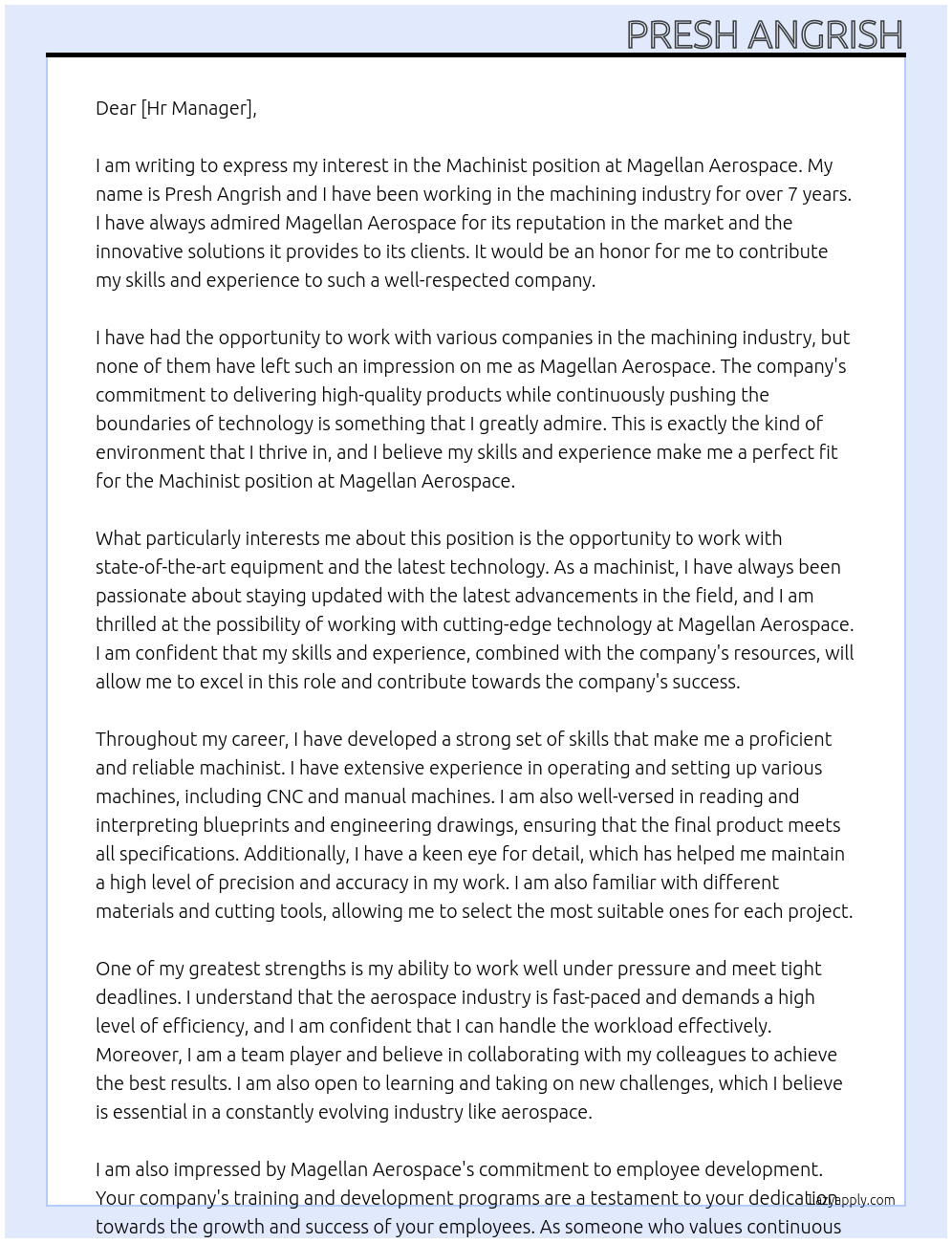 Machinist At Magellan Aerospace Cover Letter
