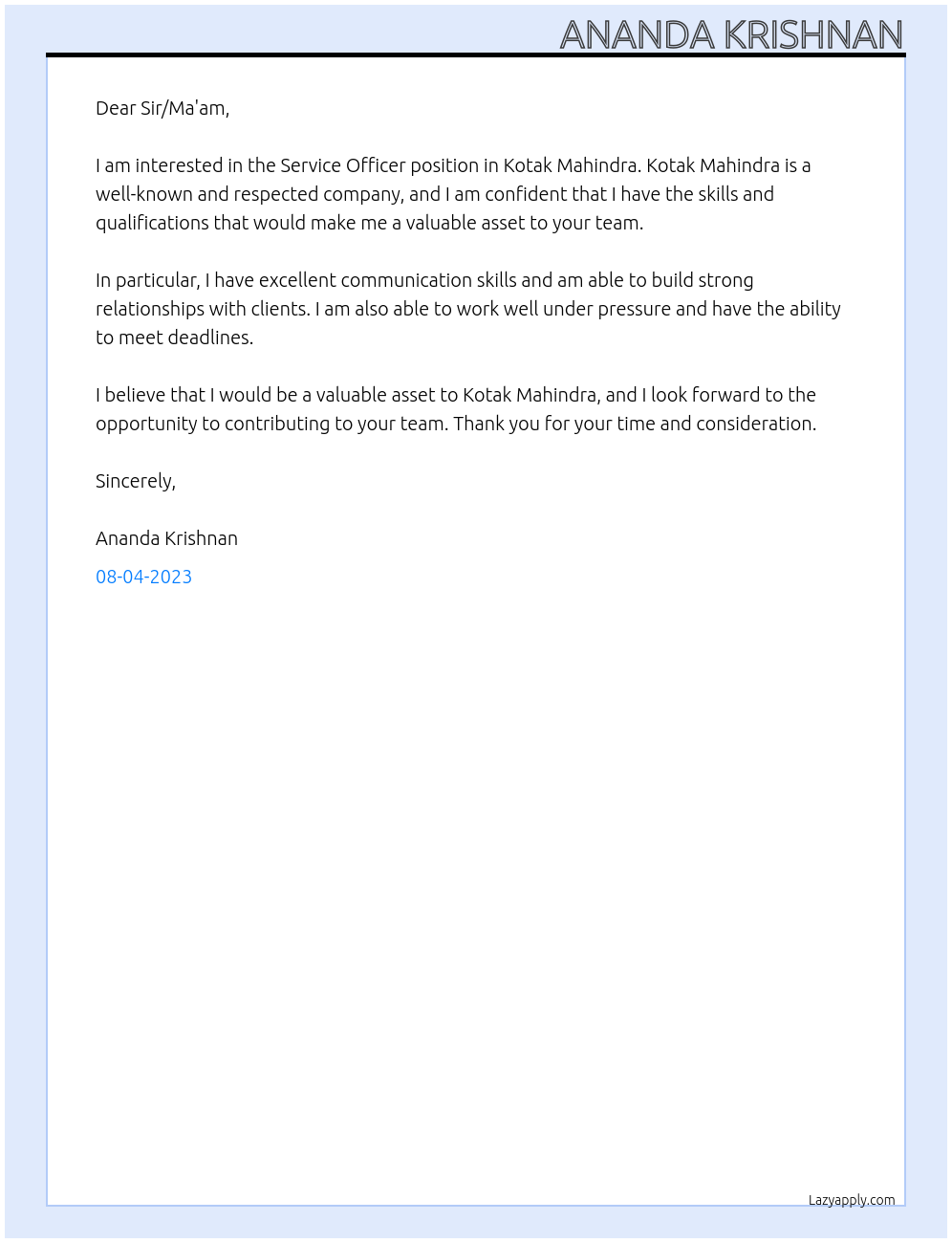 Service Officer  At Kotak Mahindra  Cover Letter