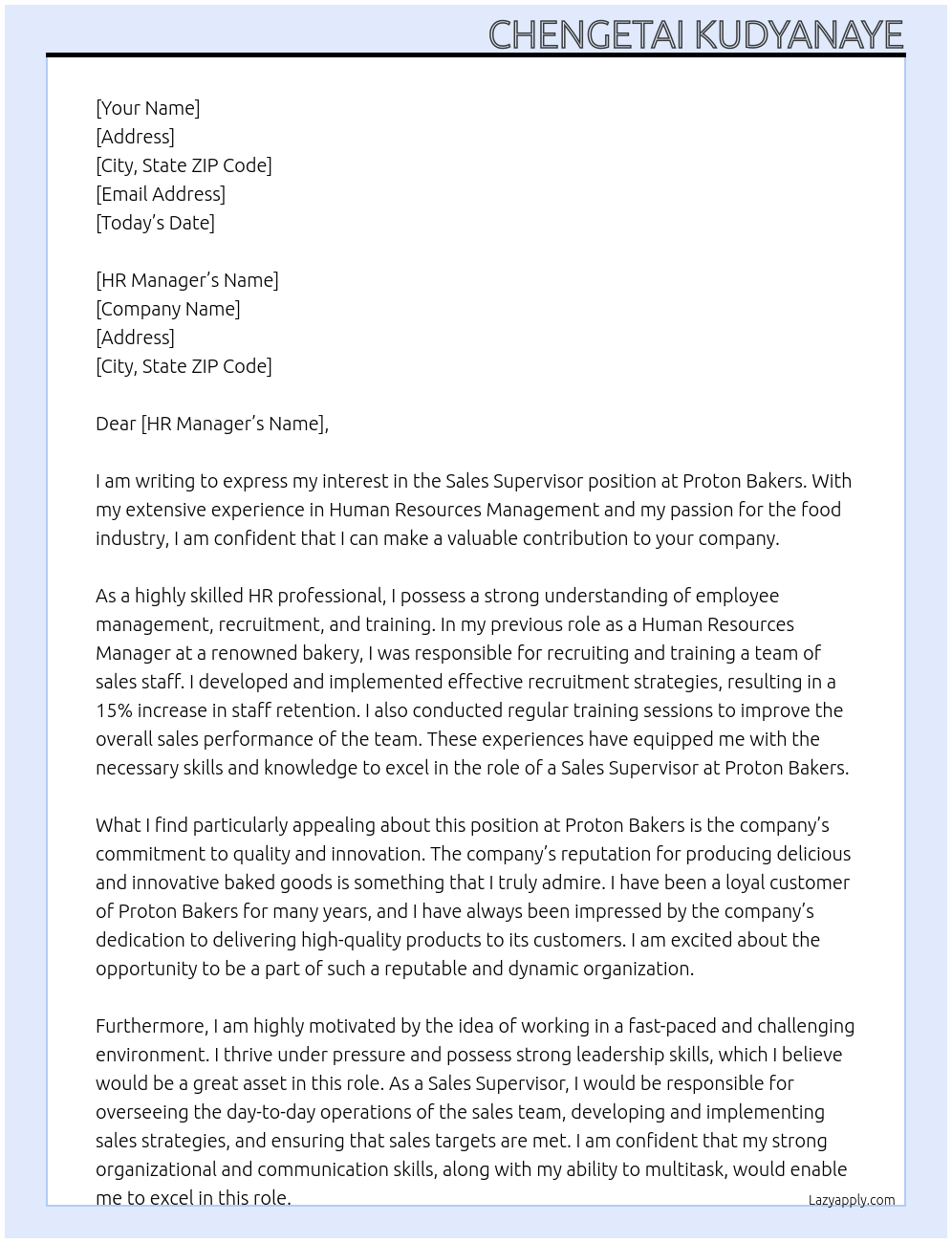 Sales Supervisor  At Proton Bakers  Cover Letter