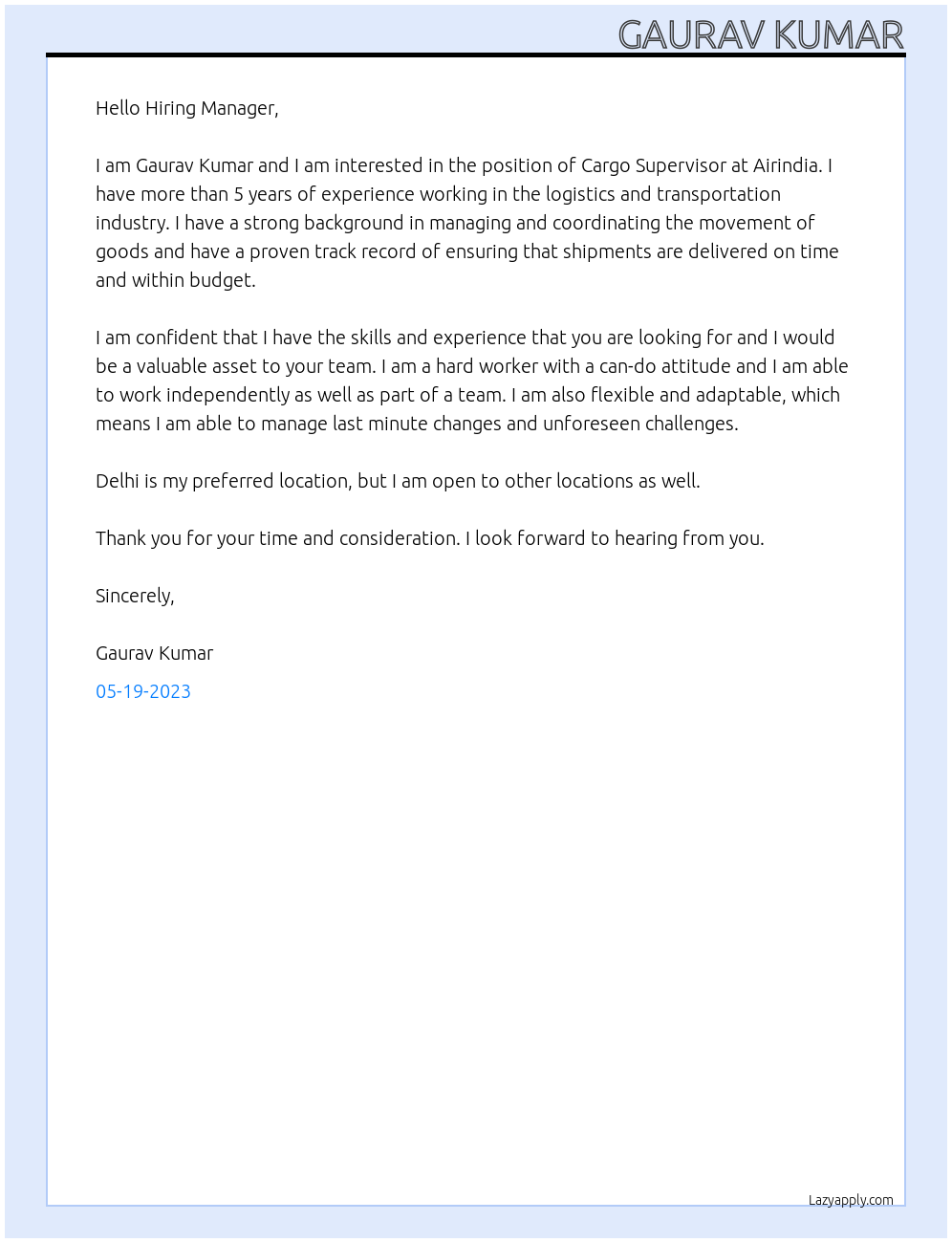 Cargo Supervisor At Airindia Cover Letter