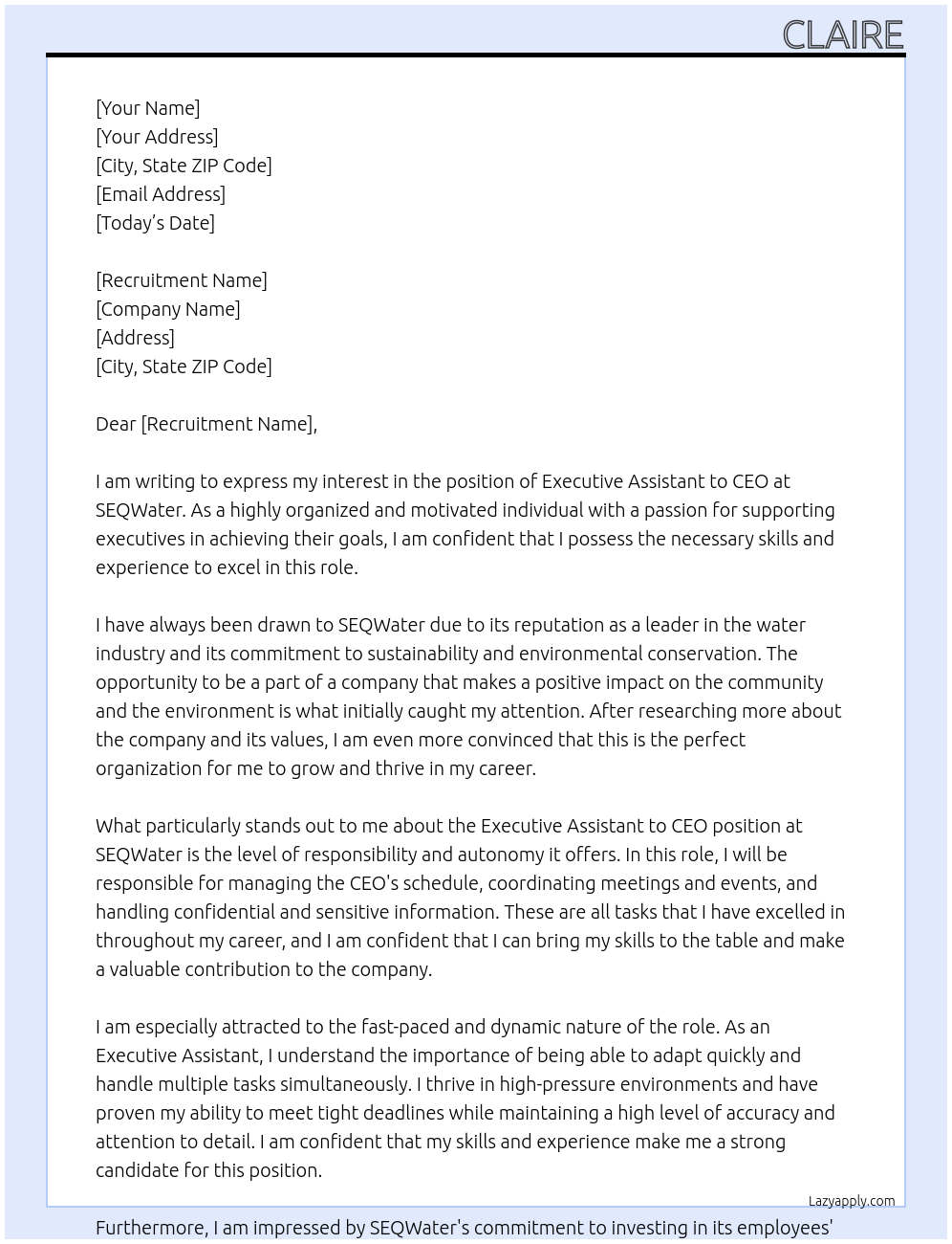 Executive Assistant to CEO At SEQWater Cover Letter