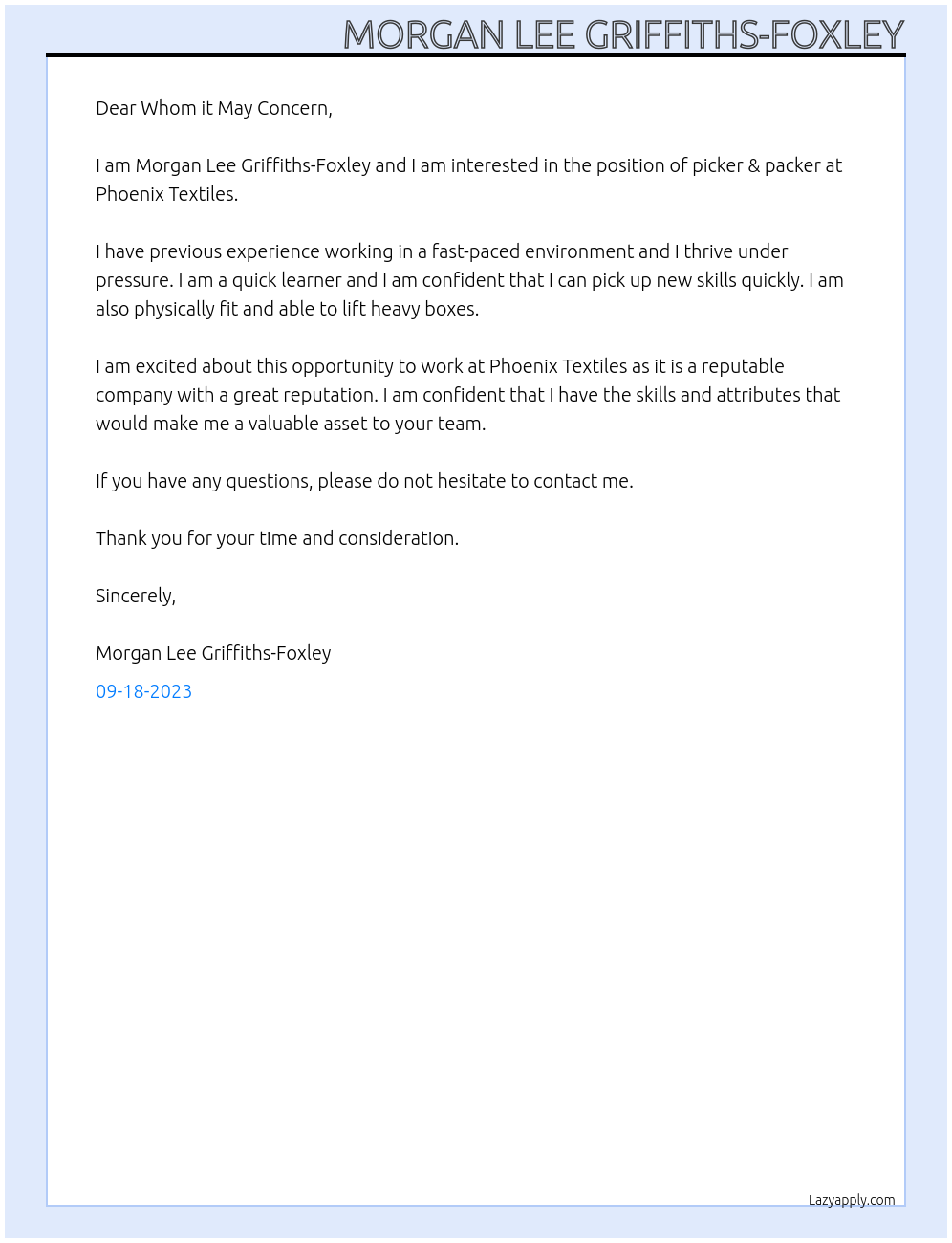 picker & packer At Phoenix Textiles Cover Letter