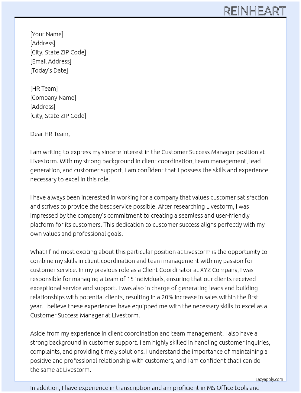 Customer Success Manager At Livestorm Cover Letter