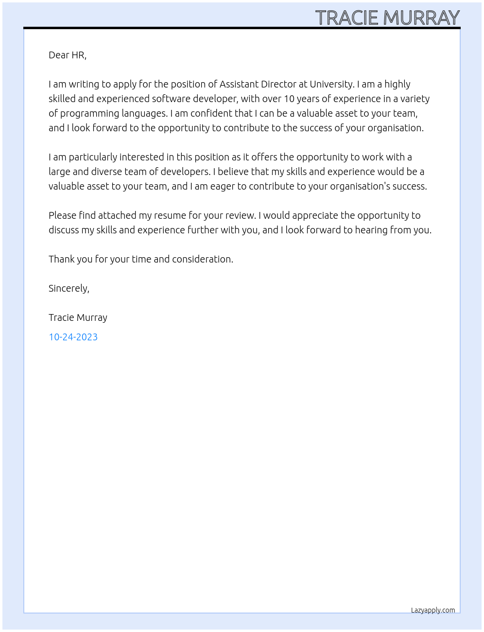 Assistant Director At University Cover Letter