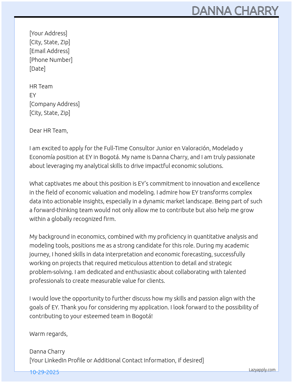 Consultor Junior en Valoración, Modelado y Economía At EY Cover Letter