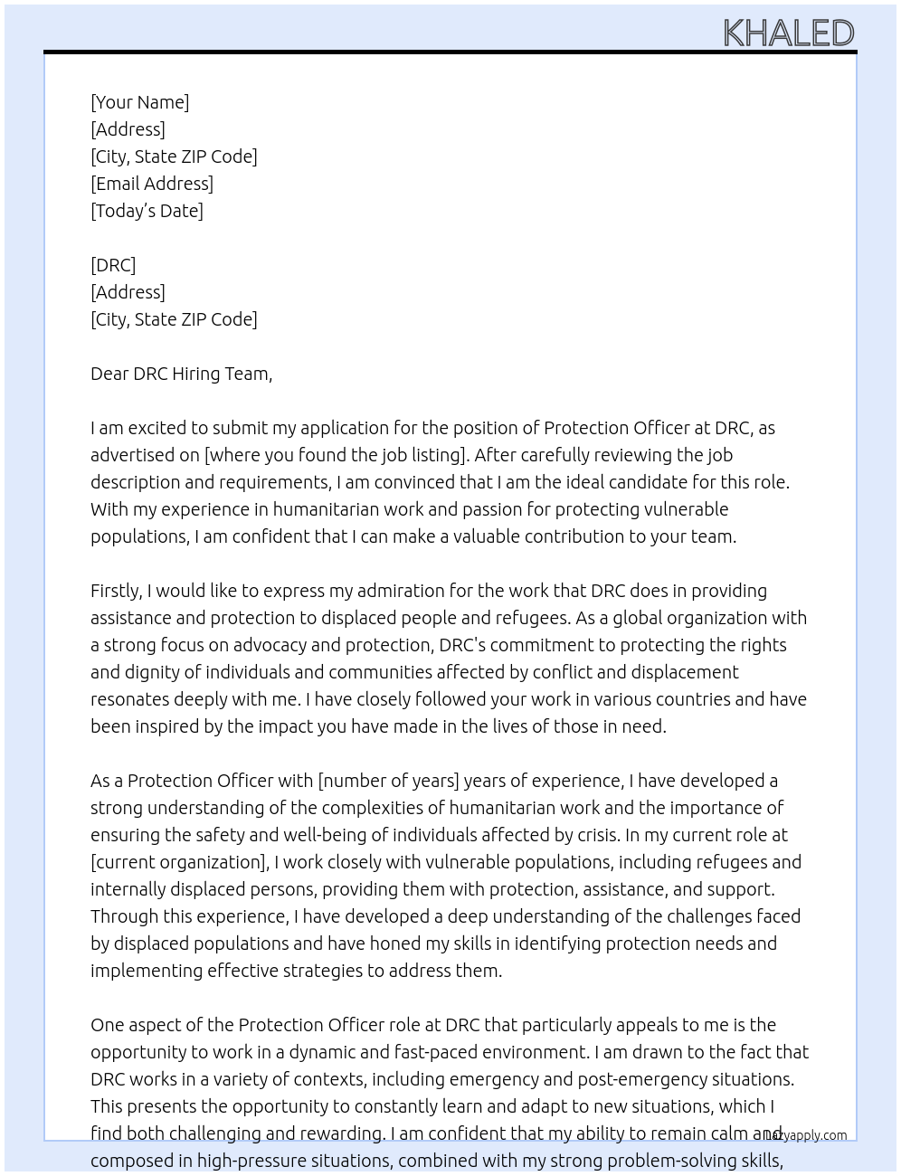 Protection Officer At DRC Cover Letter