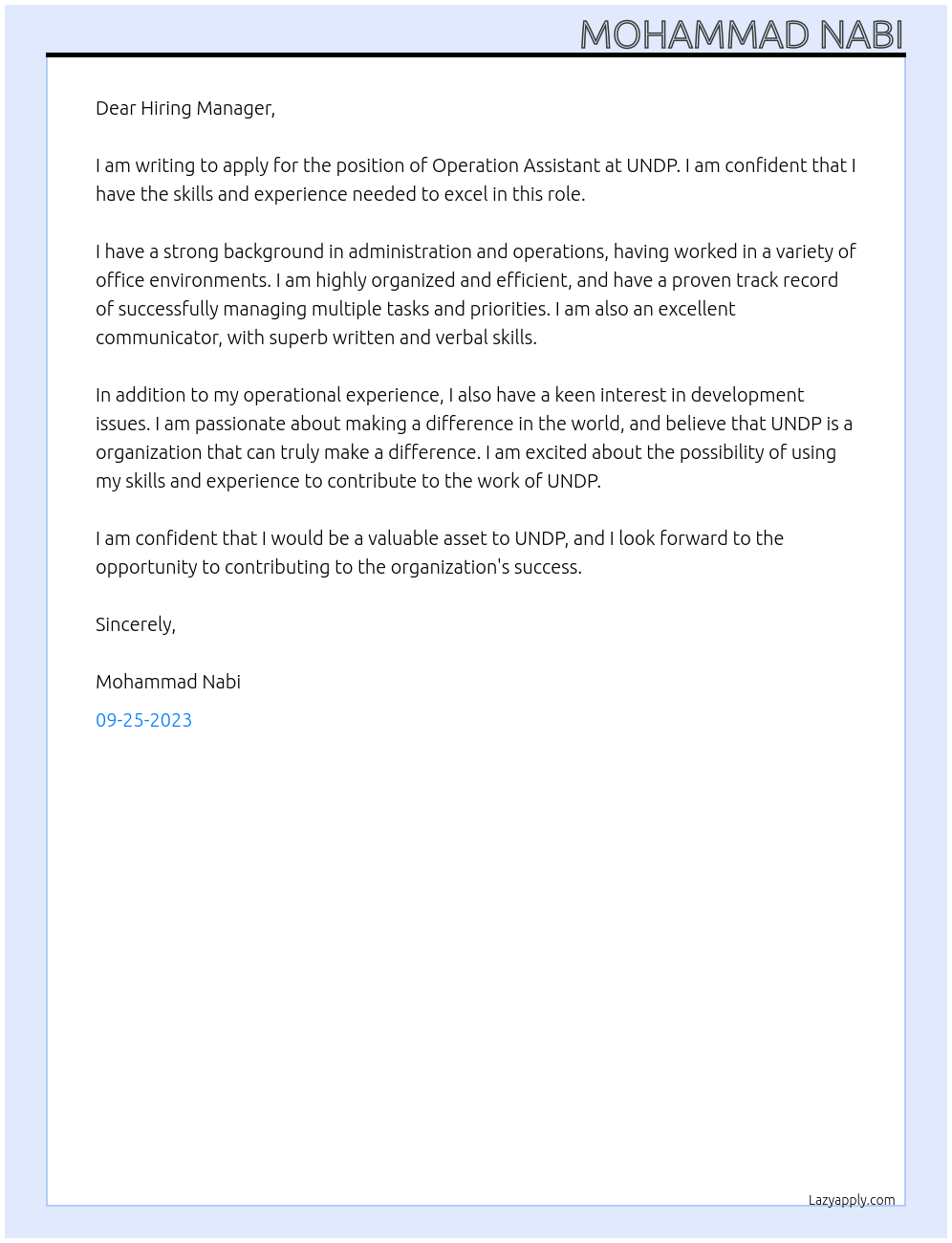 Operation Assistant At UNDP Cover Letter