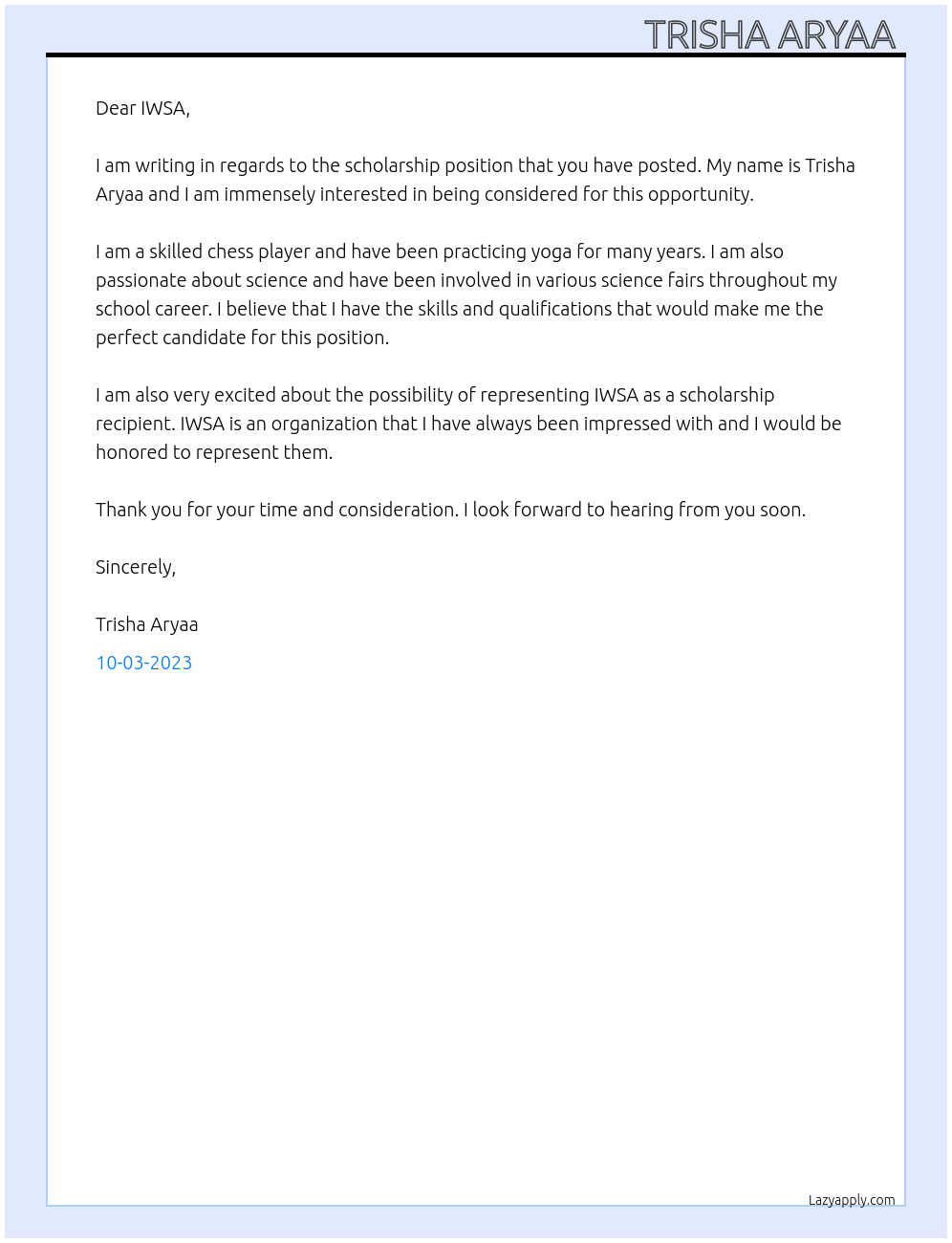 Scholarship At Indian Women's Scientist Association Cover Letter