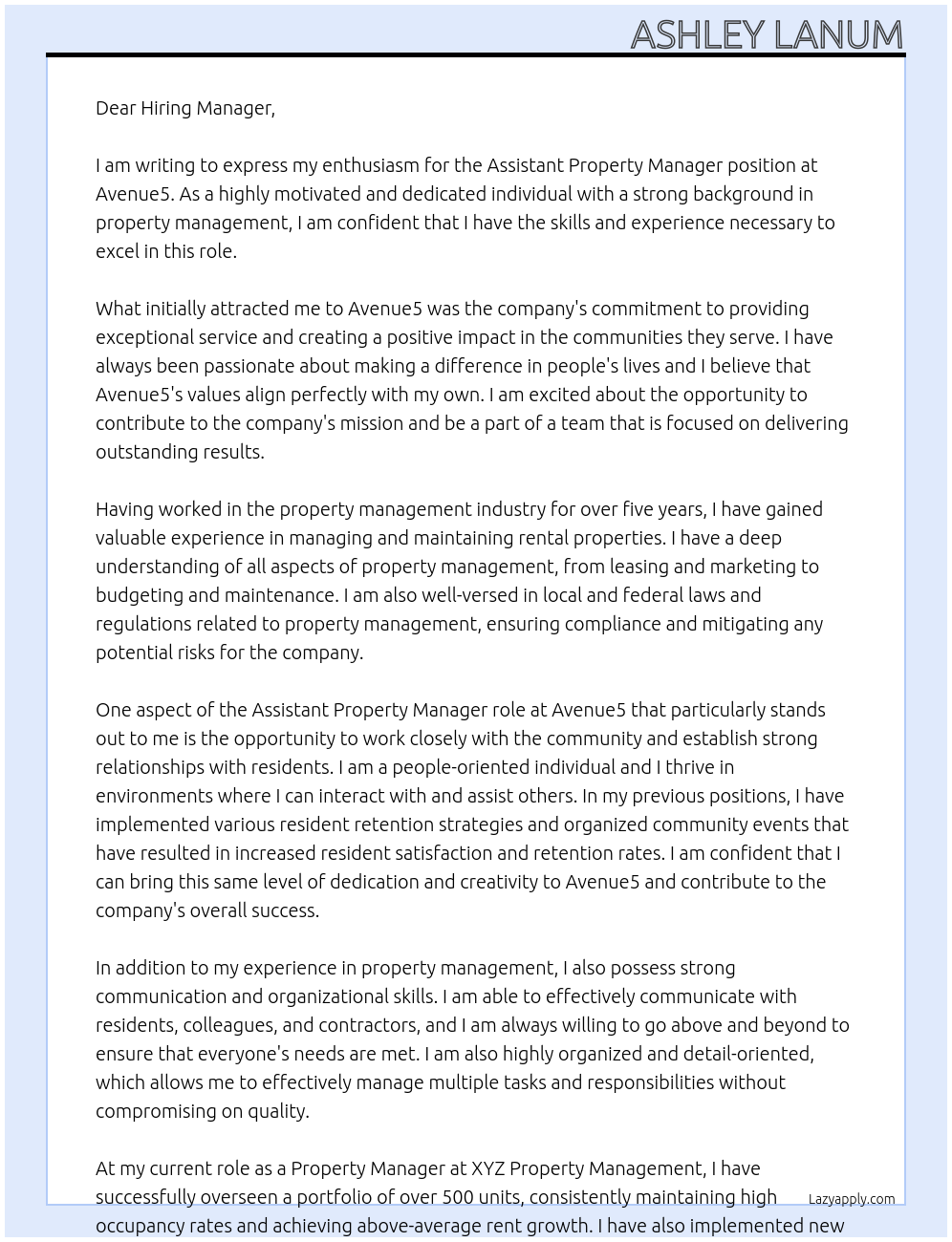 Assistant Property Manager At Avenue5 Cover Letter
