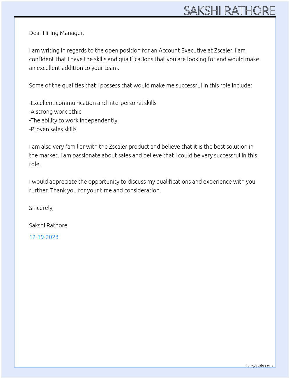 ACCOUNT EXECUTIVE  At Zscaler  Cover Letter