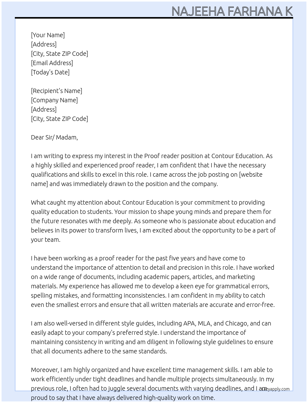 Proof reader At Contour education Cover Letter
