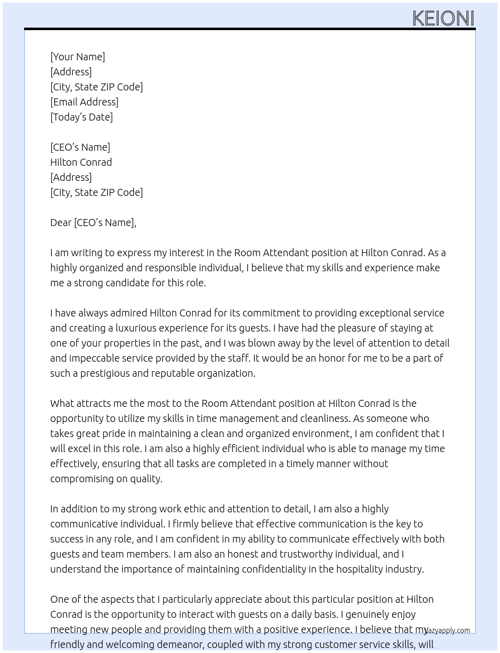room attendant At Hilton Conrad Cover Letter