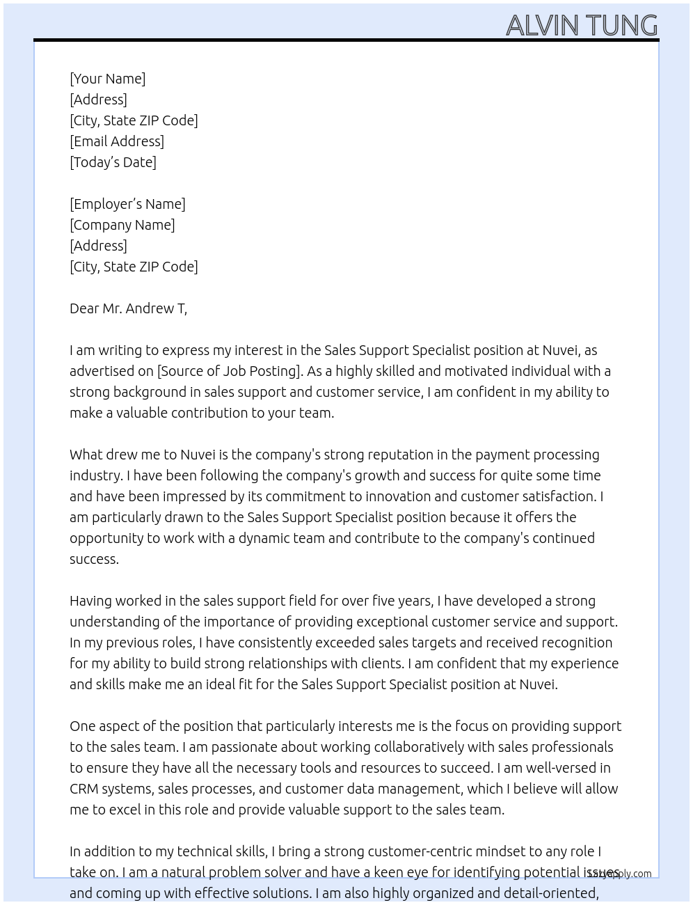 Sales Support Specialist At Nuvei Cover Letter