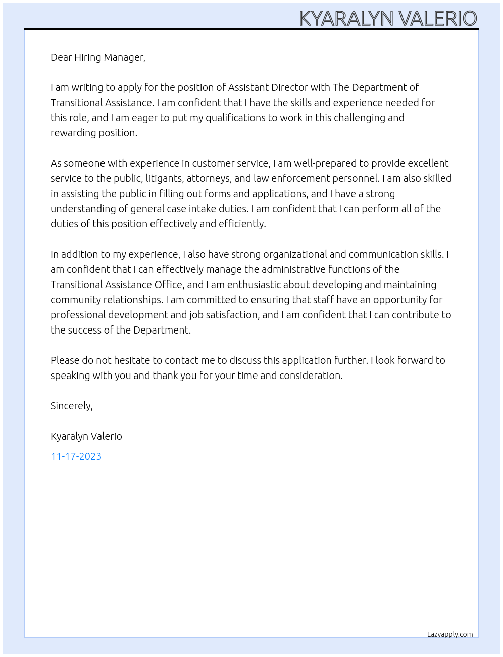 Assistant Director At The Department of Transitional Assistance Cover Letter