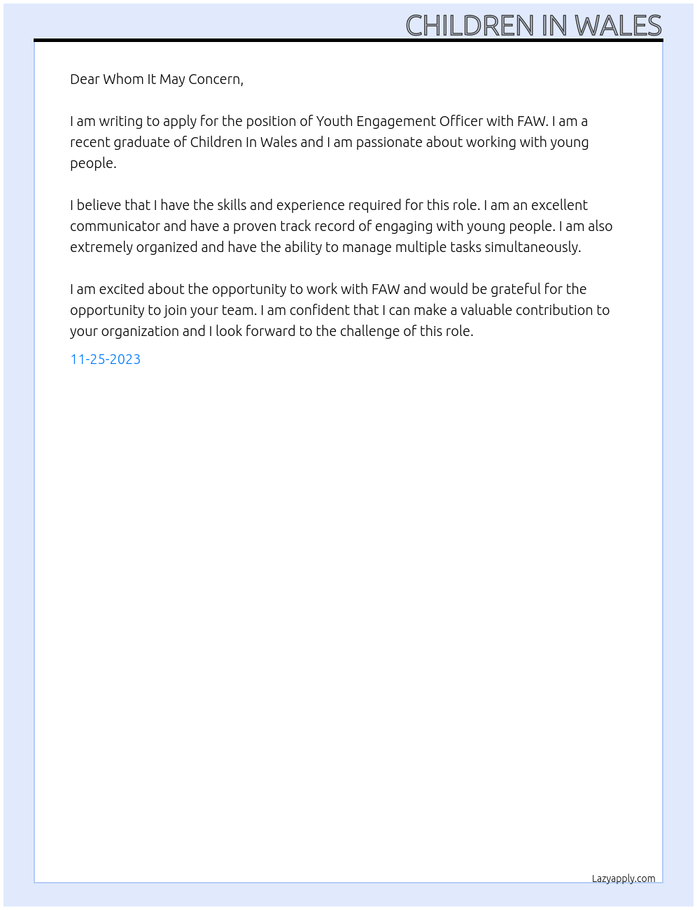 Youth Engagement Officer At FAW Cover Letter