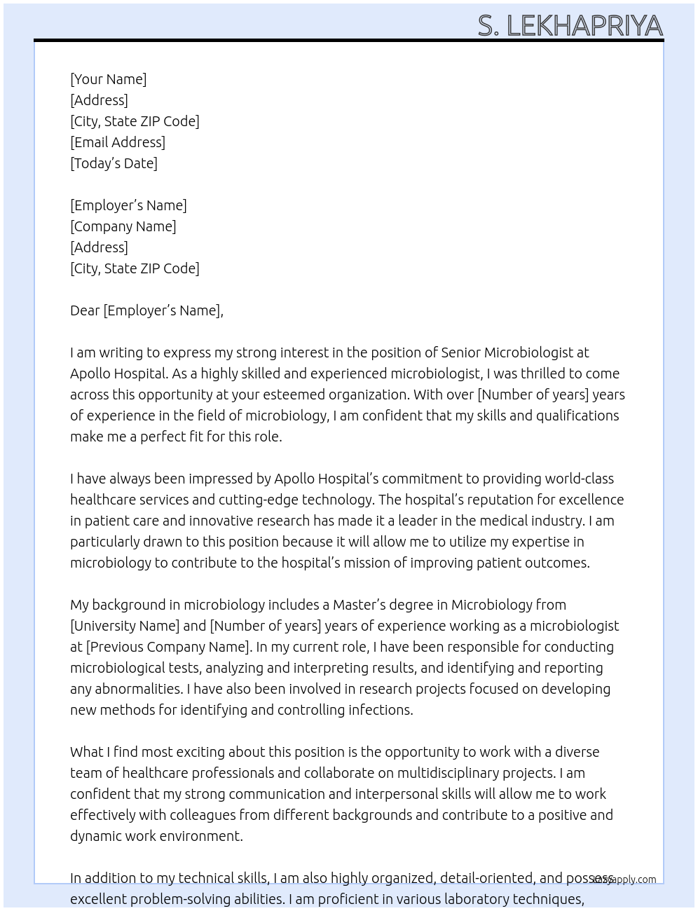 Microbiologist At Apollo Hospital Cover Letter