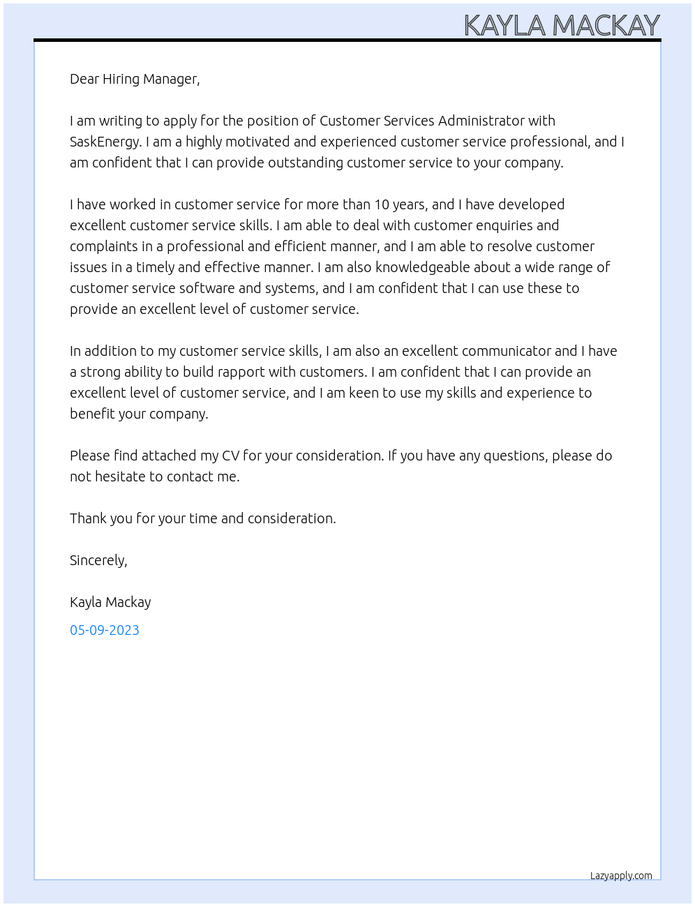 Customer Services Administrator At SaskEnergy Cover Letter