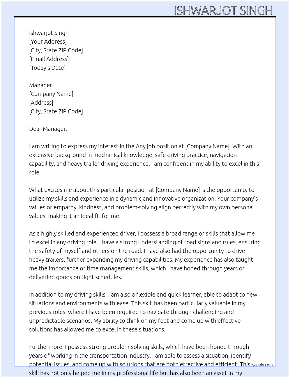 Any job At Any Cover Letter