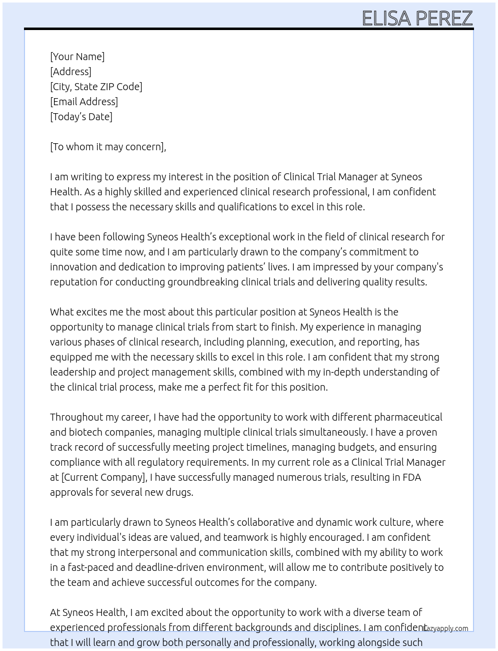 CLINICAL TRIAL MANAGER At Syneos Health Cover Letter