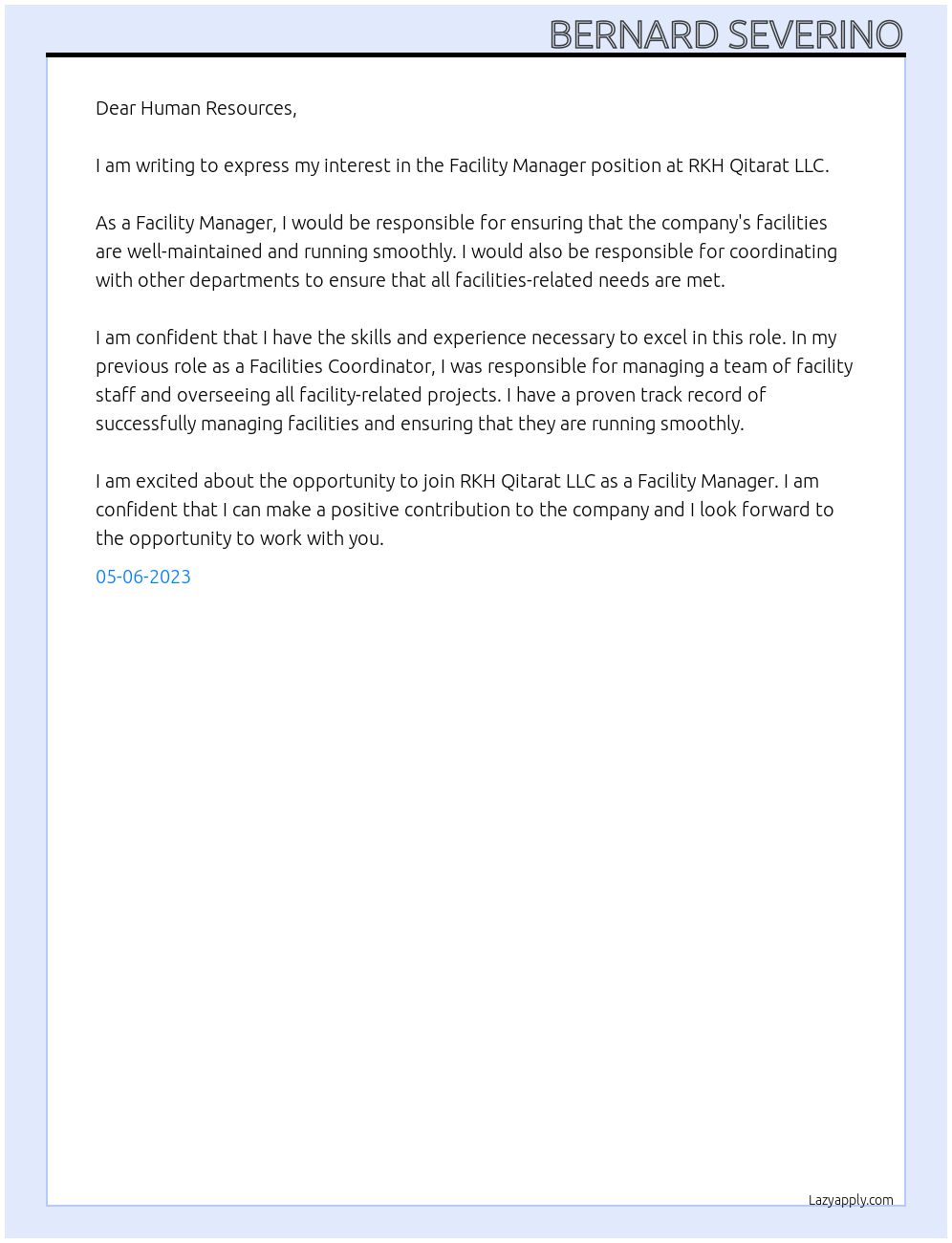 Facility Manager At RKH Qitarat LLC Cover Letter