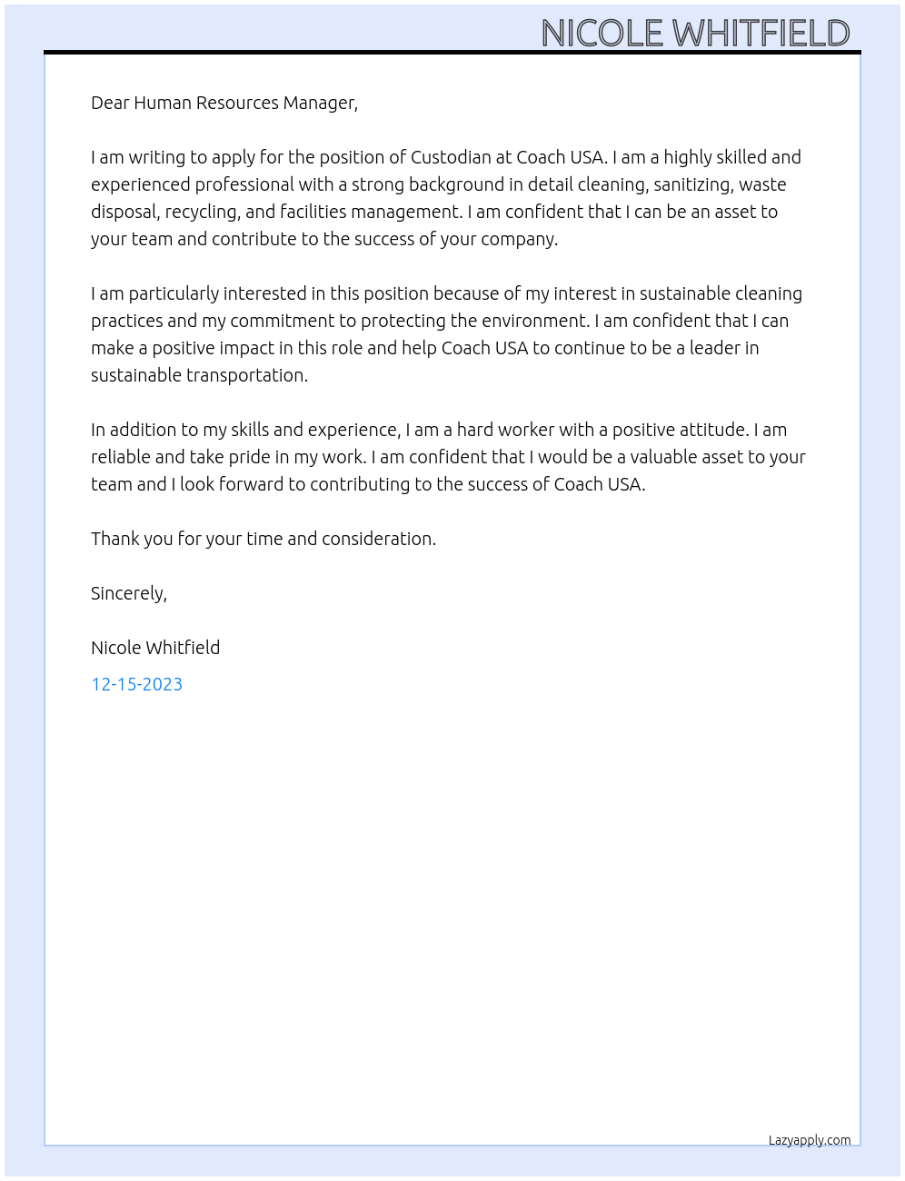 Custodian At Coach USA Cover Letter