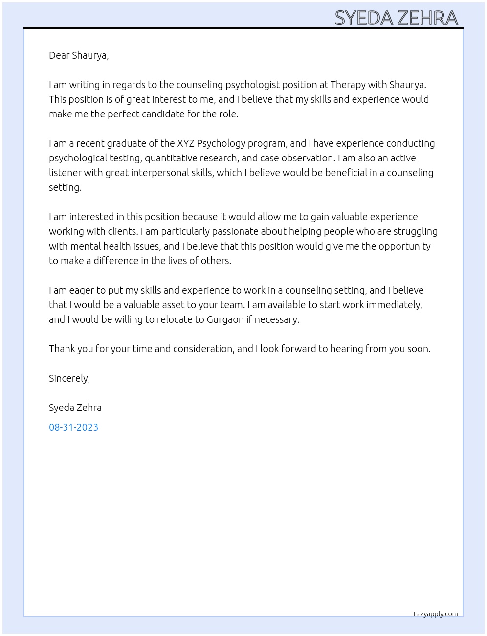 Counseling psychologist  At Therapy with Shaurya  Cover Letter