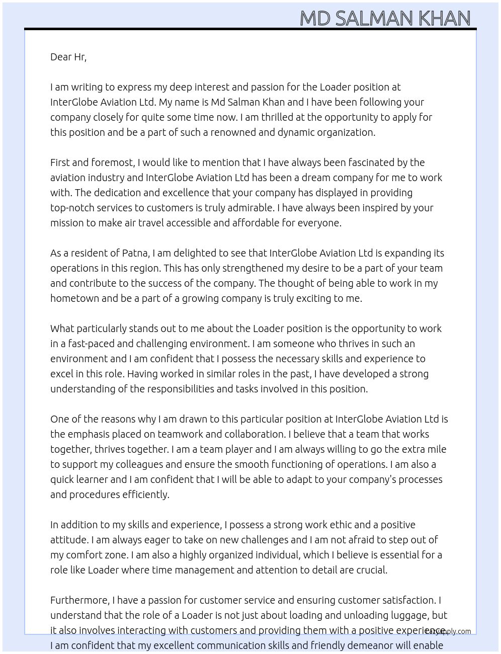 Loader  At InterGlobe Aviation Ltd Cover Letter