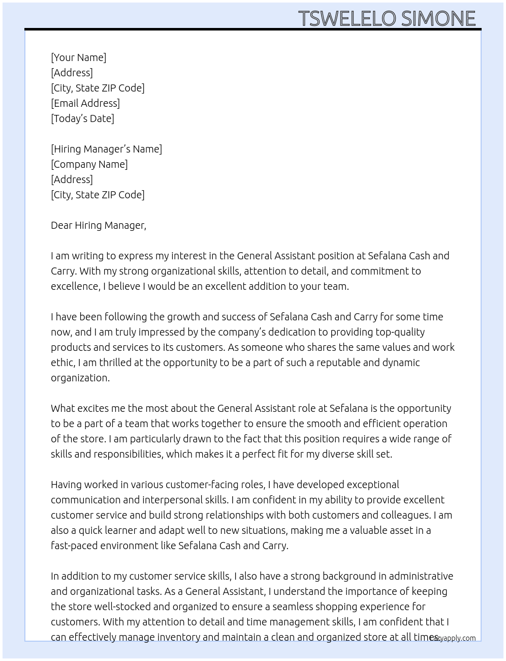 General Assistant  At Sefalana cash and carry Cover Letter