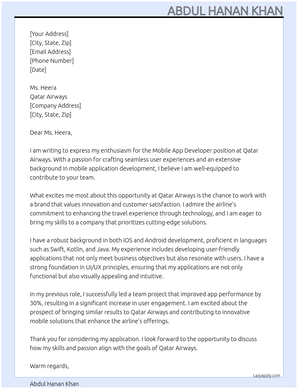 Cover letter for mobile app developer - LazyApply