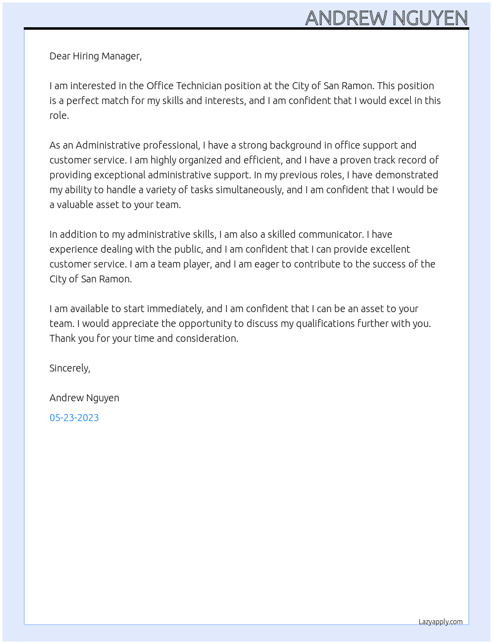 Office Technician At City of San Ramon Cover Letter