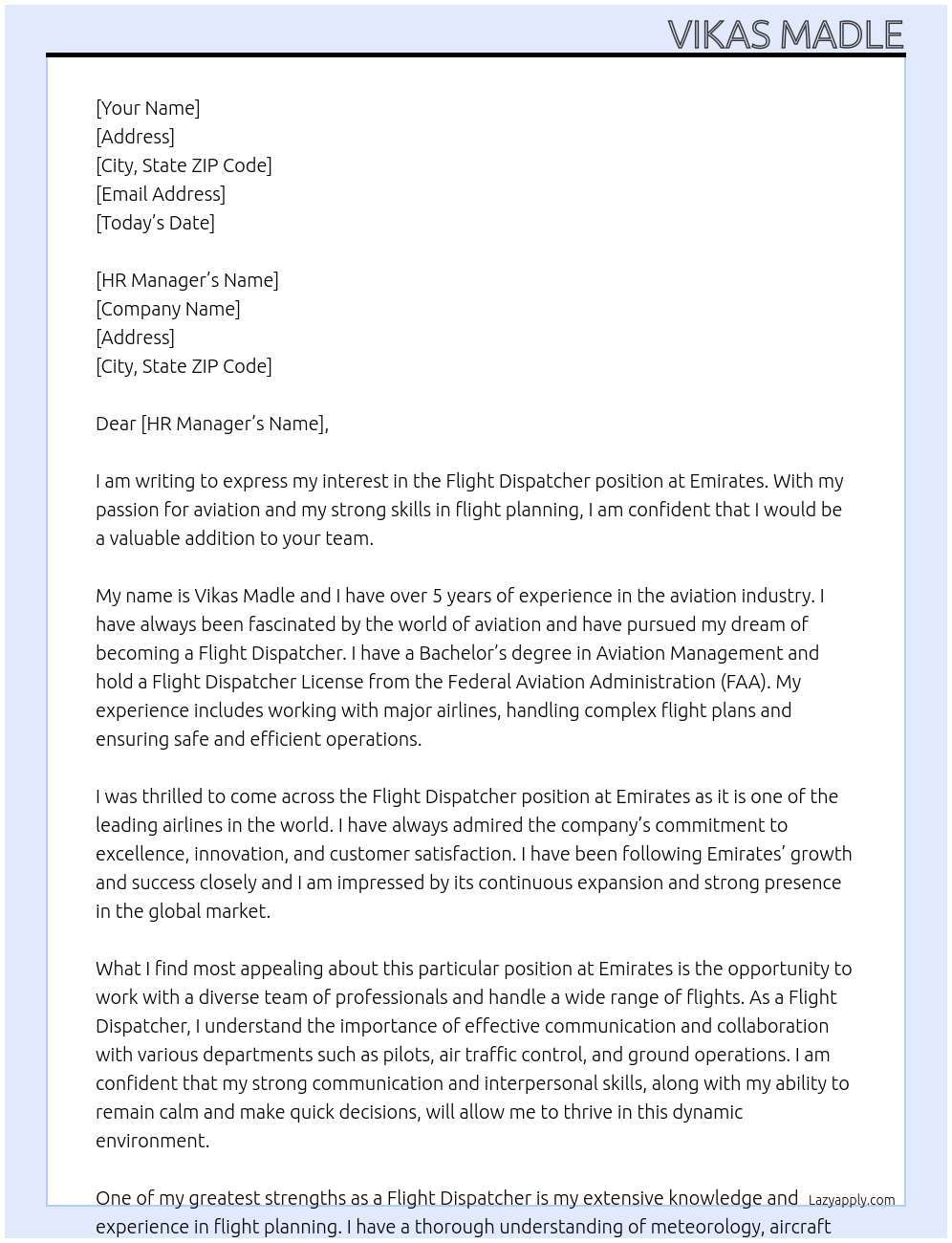 Flight Dispatcher  At Emirates Cover Letter