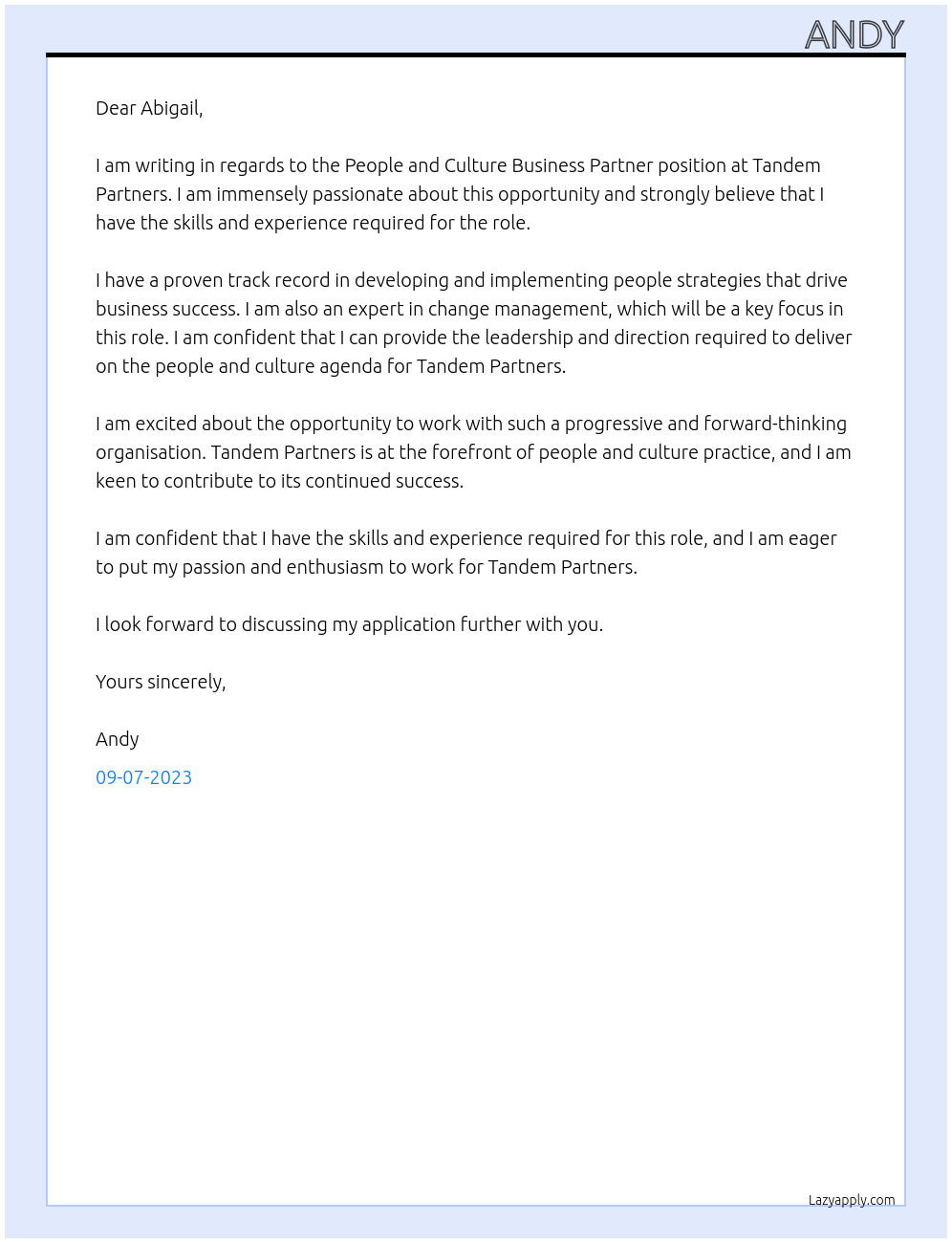 People and Culture Business Partner At Tandem Partners Cover Letter