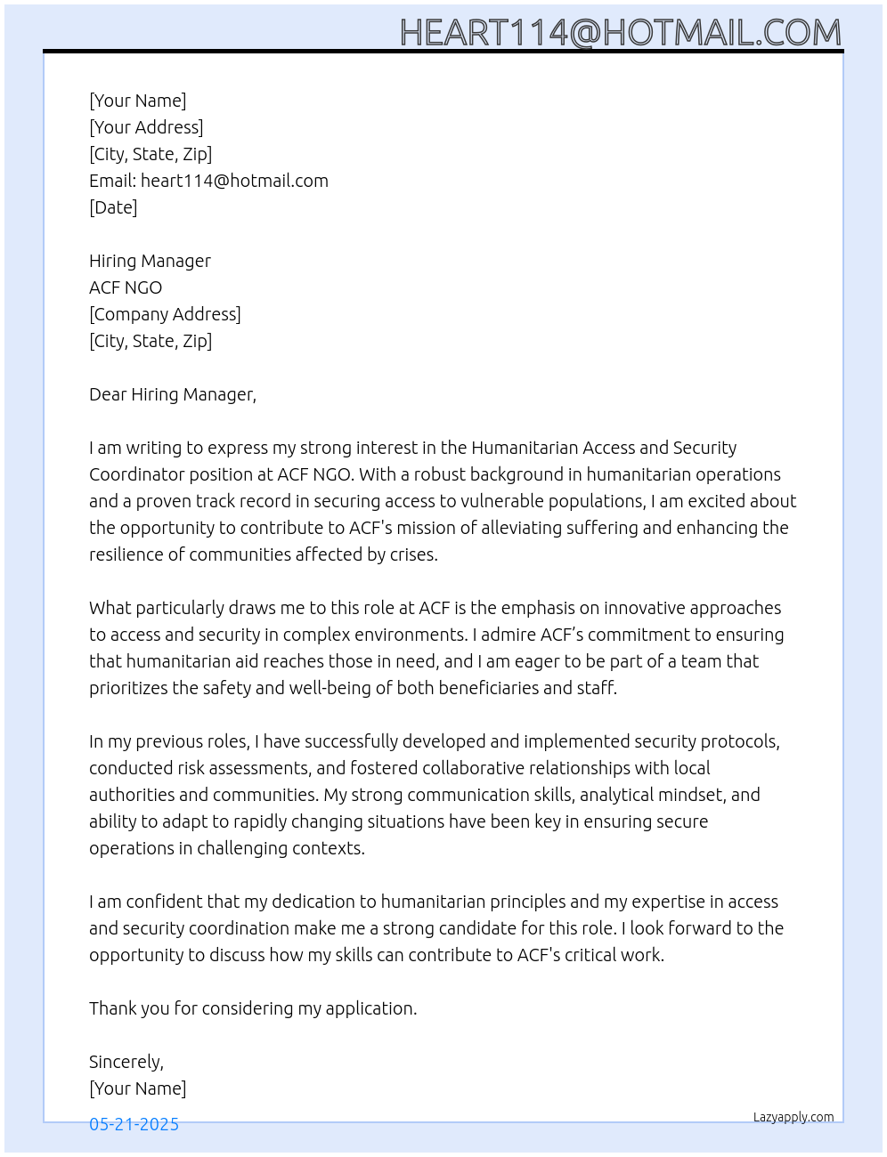 HUMANITARIAN ACCESS AND SECURITY COORDINATOR At ACF NGO Cover Letter