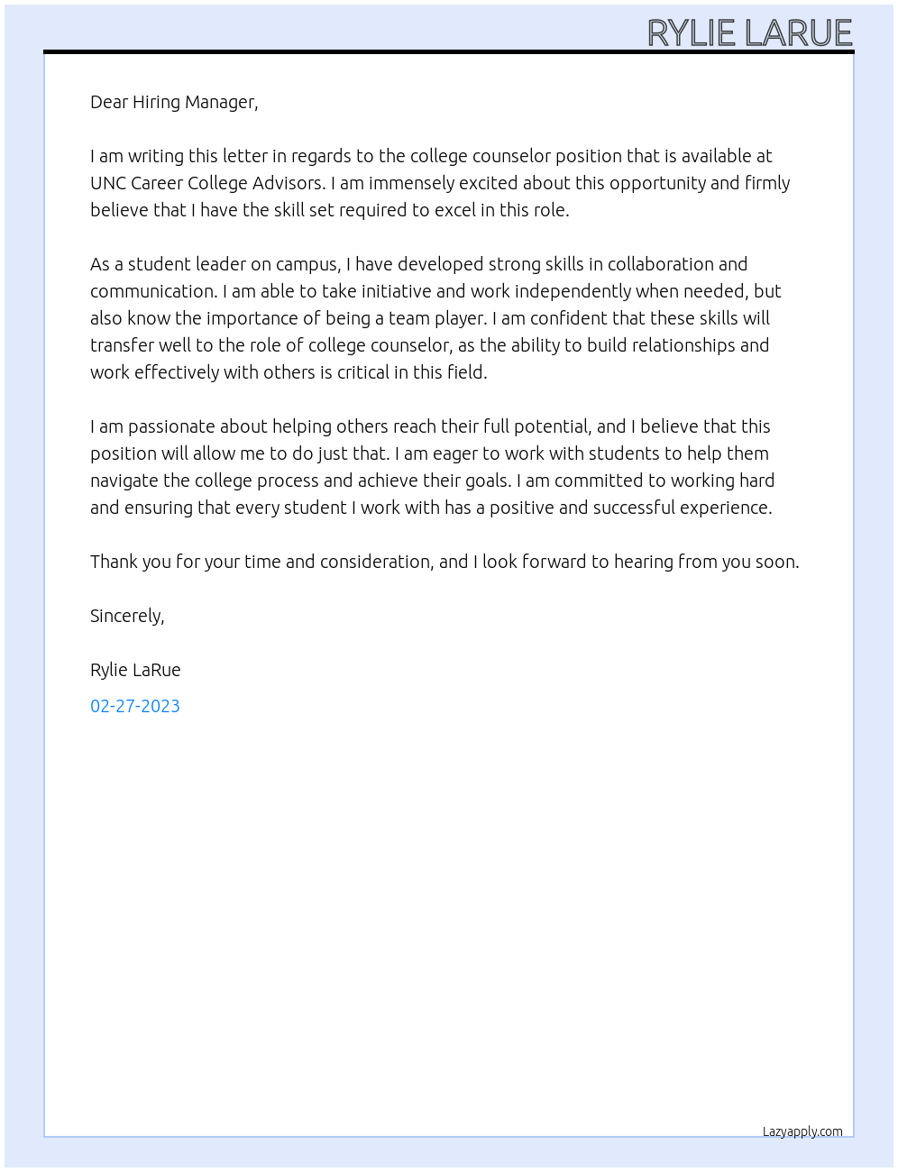 Cover letter for college counselor LazyApply