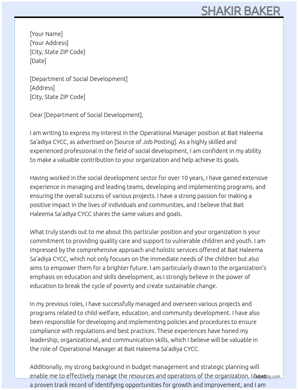 Operational Manager At Bait Haleema Sa'adiya CYCC Cover Letter