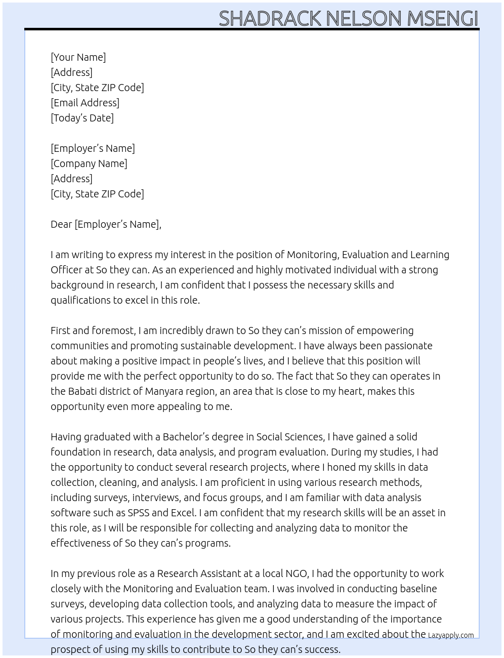 Monitoring, evaluation and learning officer At So they can Cover Letter