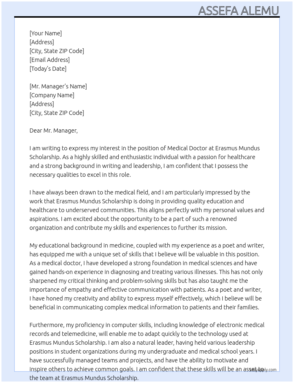 Medical doctor At Erasmus mundus scholarship Cover Letter