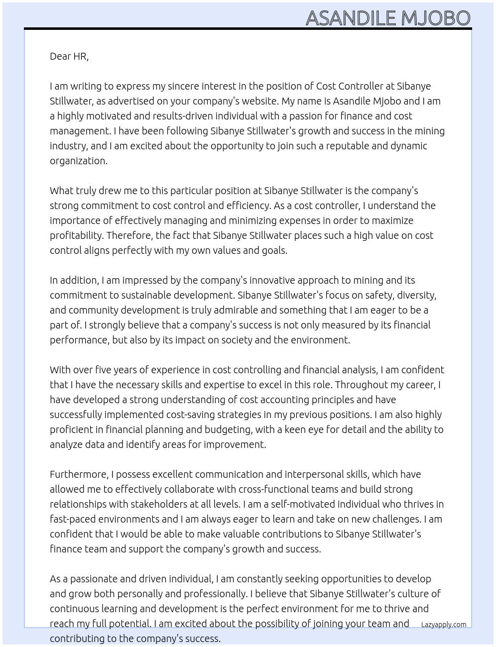 Cost Controller At Sibanye Stillwater Cover Letter