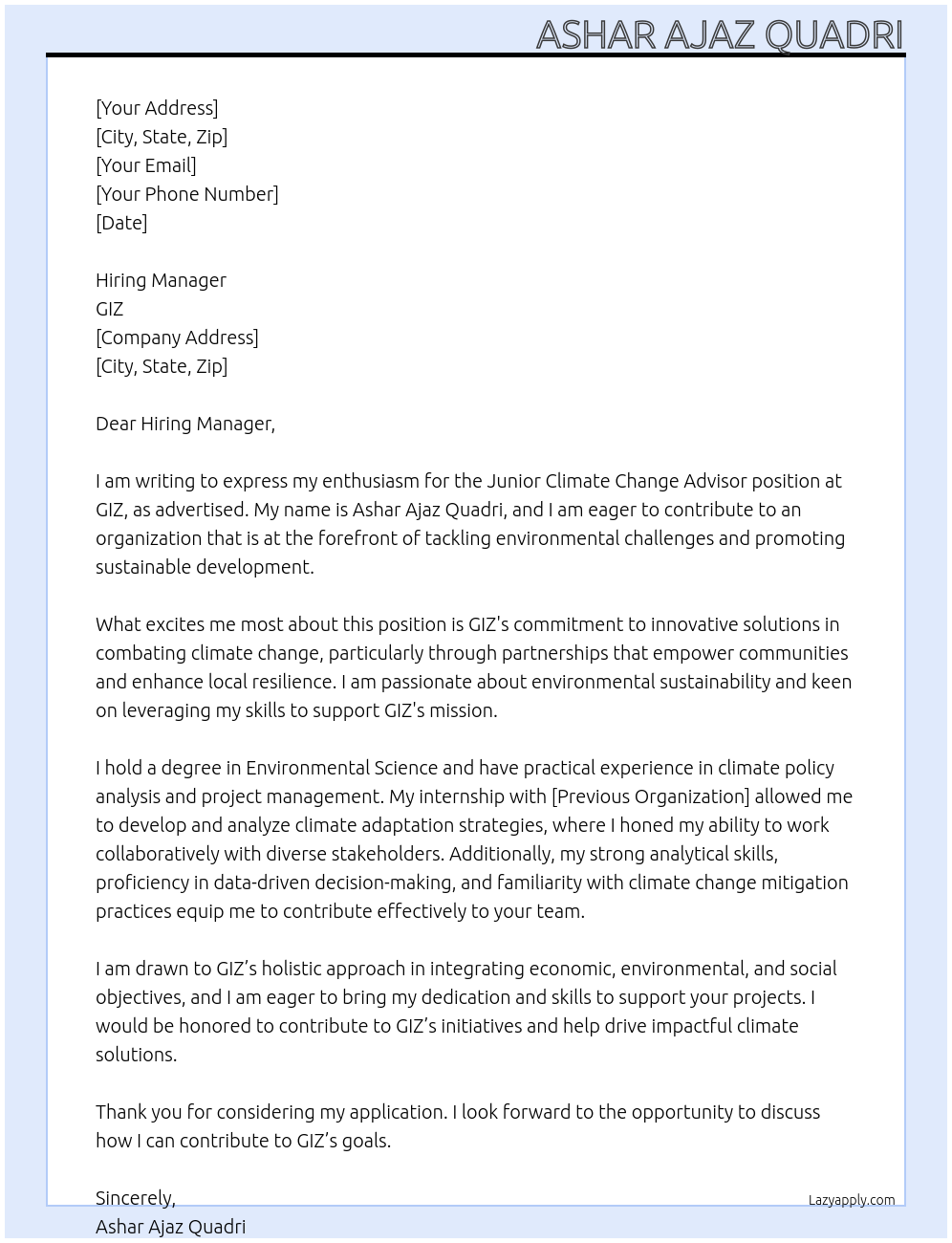Junior Climate Change Advisor At GIZ Cover Letter